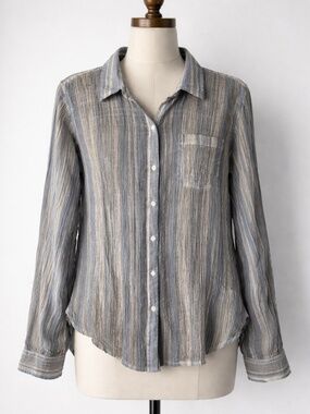 Lucky Brand Cotton Blue/Grey Striped Button Down Lightweight  Blouse/Shirt  L